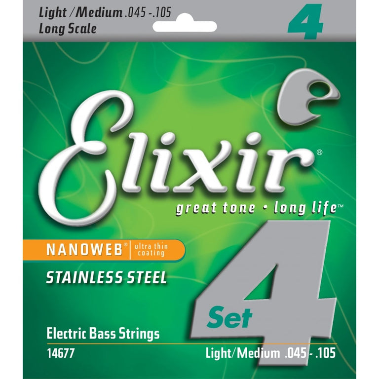 Elixir Nanoweb Stainless Steel 45-105 Bass Guitar Strings, Long Scale [14677]