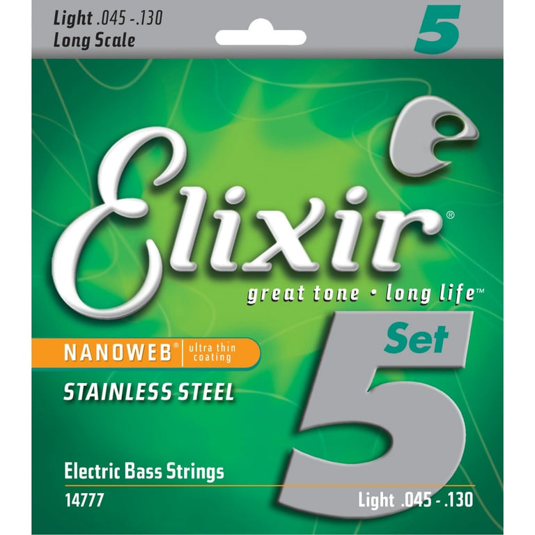 Elixir Nanoweb Stainless Steel 45-130 5-String Bass Guitar Strings, Long Scale [14777]