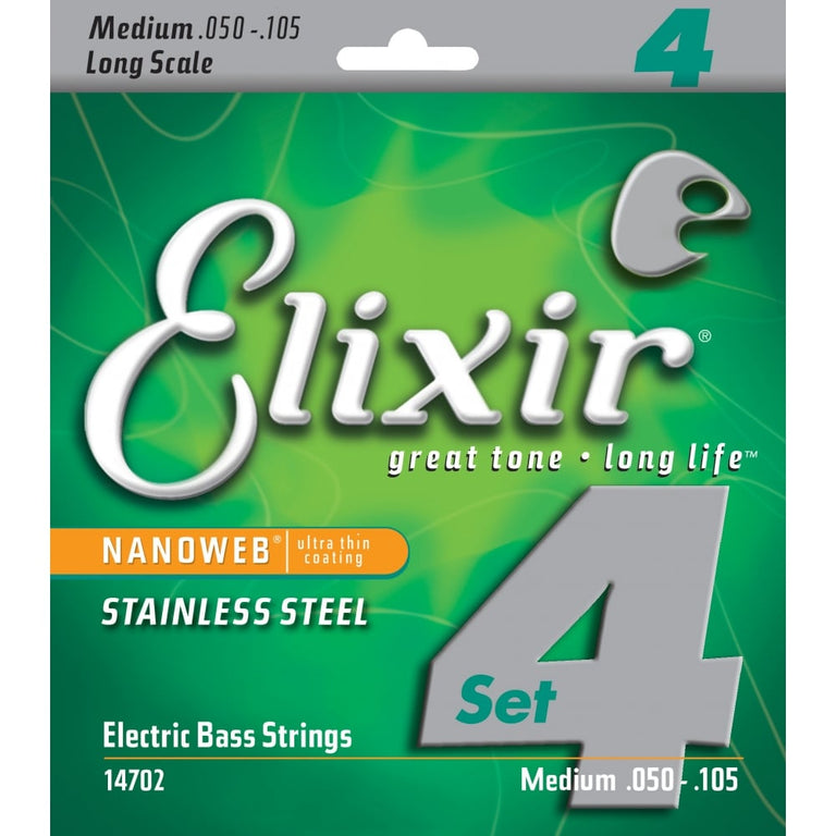 Elixir Nanoweb Stainless Steel 50-105 Bass Guitar Strings, Long Scale [14702]