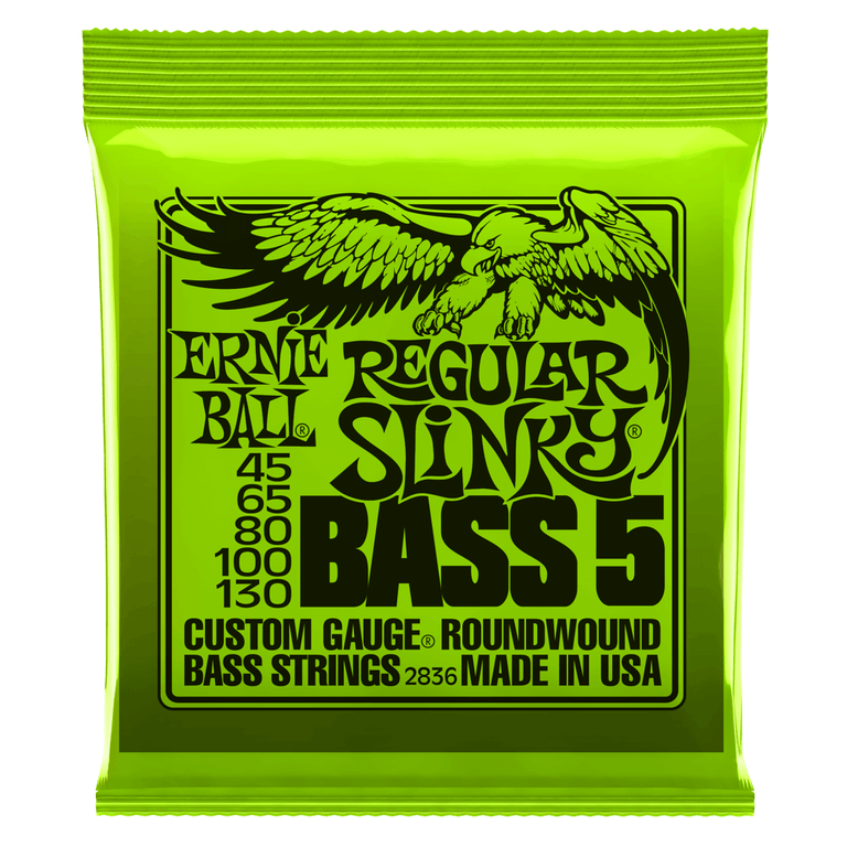 Ernie Ball Regular Slinky Nickel Wound 45-130 5-String Bass Guitar Strings, Long Scale