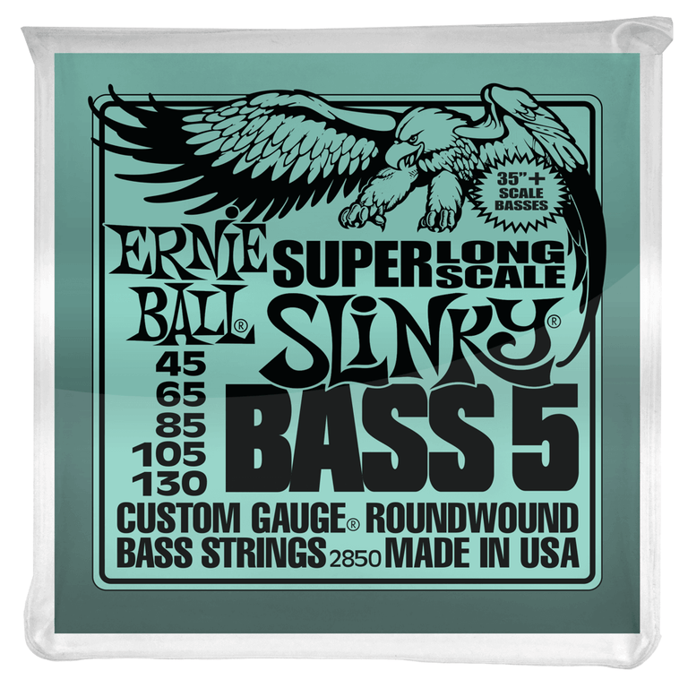 Ernie Ball Super Long Slinky Nickel Wound 45-130 5-String Bass Guitar Strings, Extra Long Scale