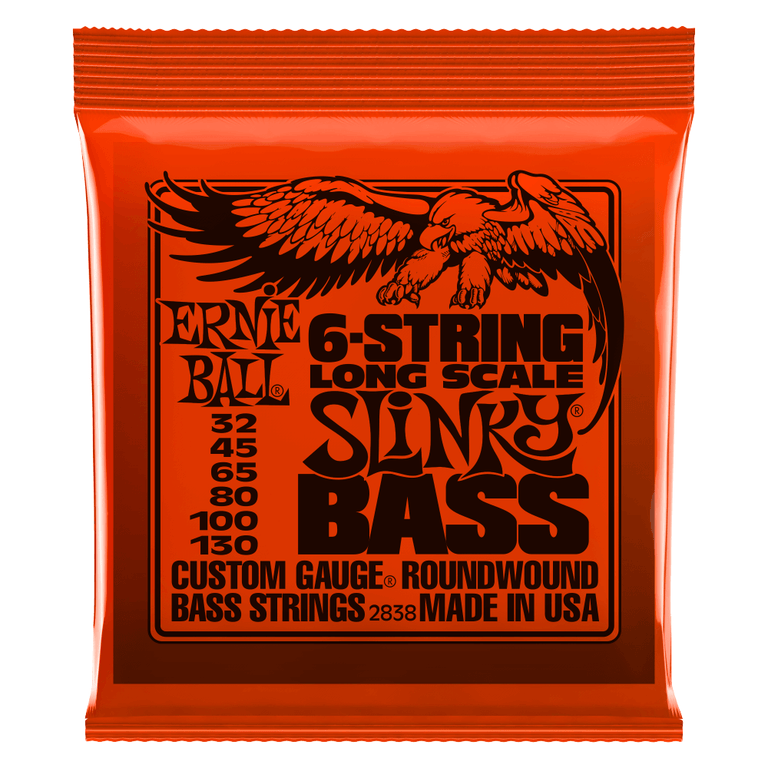 Ernie Ball Slinky Nickel Wound 32-130 6-String Bass Guitar Strings, Long Scale