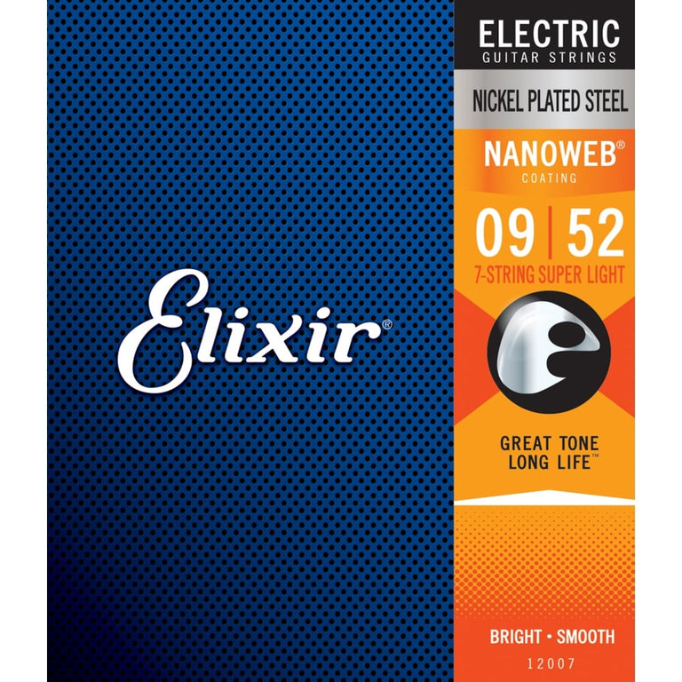 Elixir Nanoweb Nickel Wound 7-String 9-52 Electric Guitar Strings, Super Light [12007]