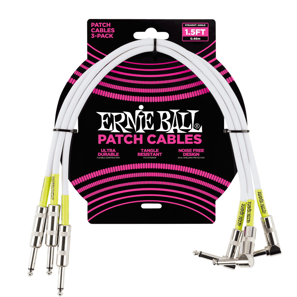 Ernie Ball 1.5ft Straight-Angle Patch Cables, White, 3-Pack