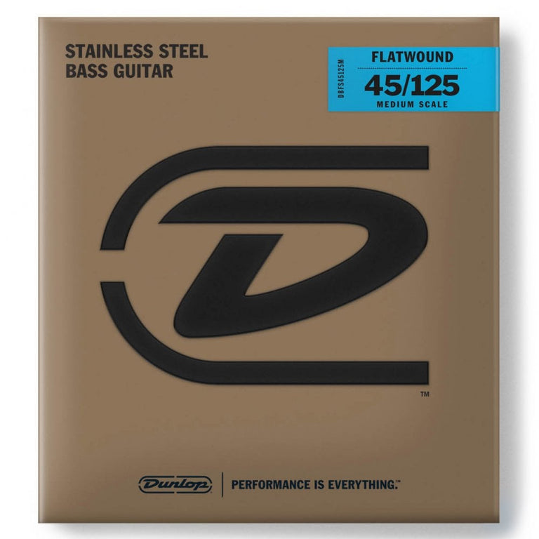 Jim Dunlop Flatwound Stainless Steel 45-125 5-String Bass Guitar Strings, Medium Scale