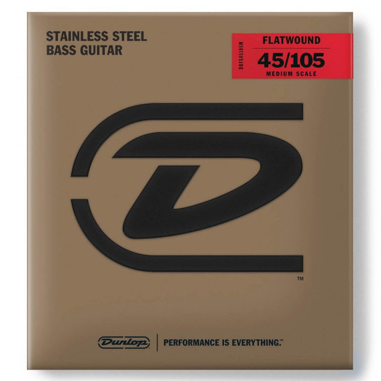 Jim Dunlop Flatwound Stainless Steel 45-105 Bass Guitar Strings, Medium Scale