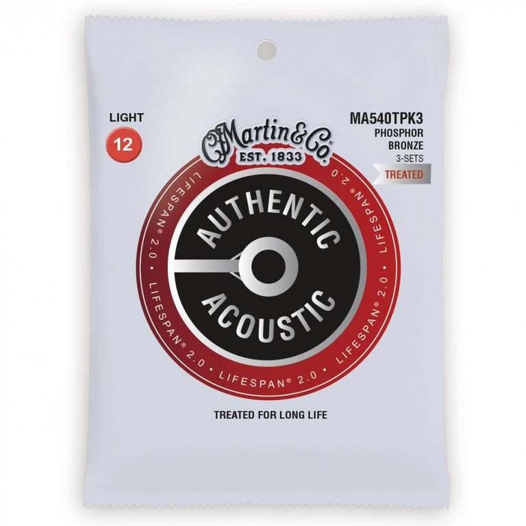Martin Authentic Acoustic LifeSpan Phosphor Bronze 12-54 Light Acoustic Guitar Strings, 3-Pack