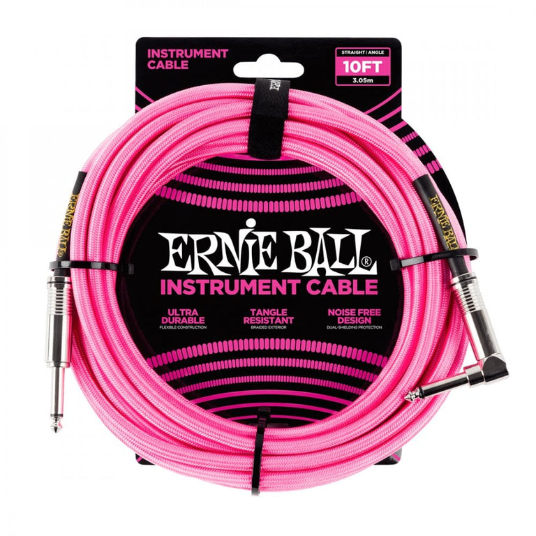 Ernie Ball Braided Instrument Cable, 10ft, Neon Pink, Straight-Angled