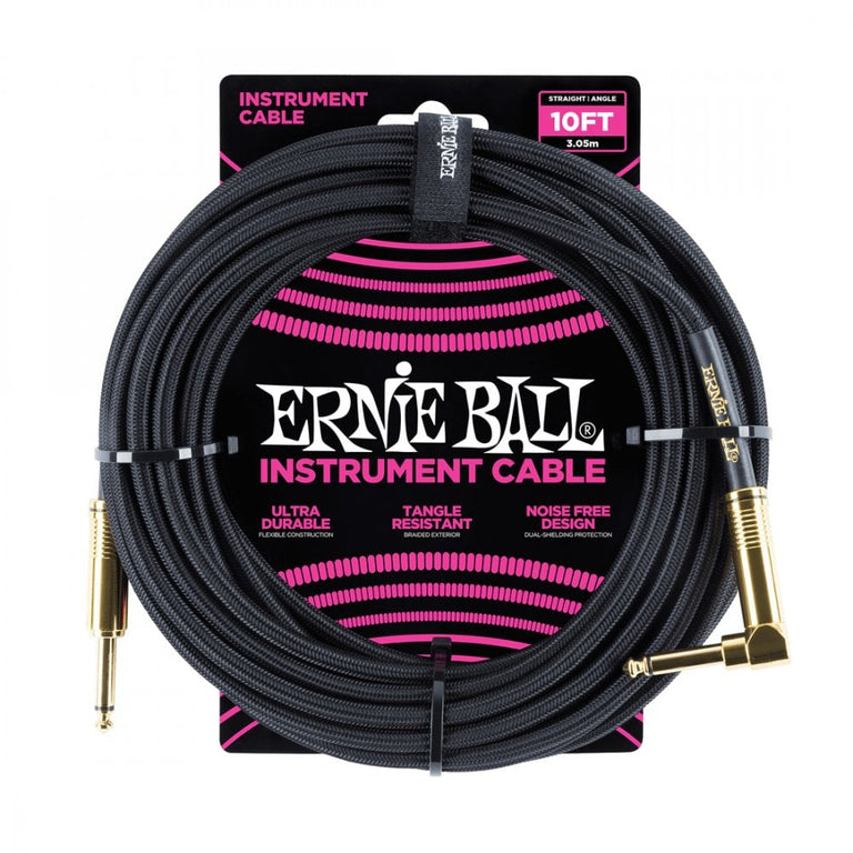 Ernie Ball Braided Instrument Cable, 10ft, Gold-Black, Straight-Angled