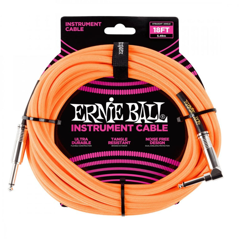 Ernie Ball Braided Instrument Cable, 18ft, Neon Orange, Straight-Angled