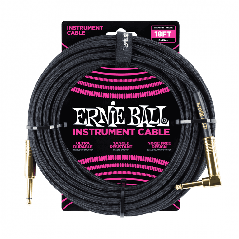Ernie Ball Braided Instrument Cable, 18ft, Gold-Black, Straight-Angled