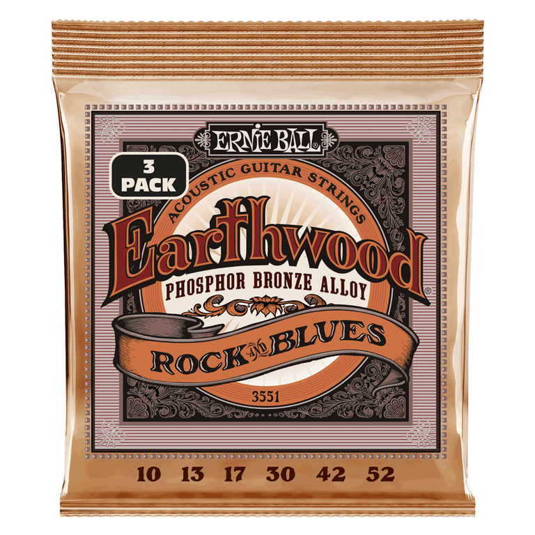 Ernie Ball Earthwood Phosphor Bronze 10-52 Acoustic Guitar Strings, Rock & Blues, 3-Pack