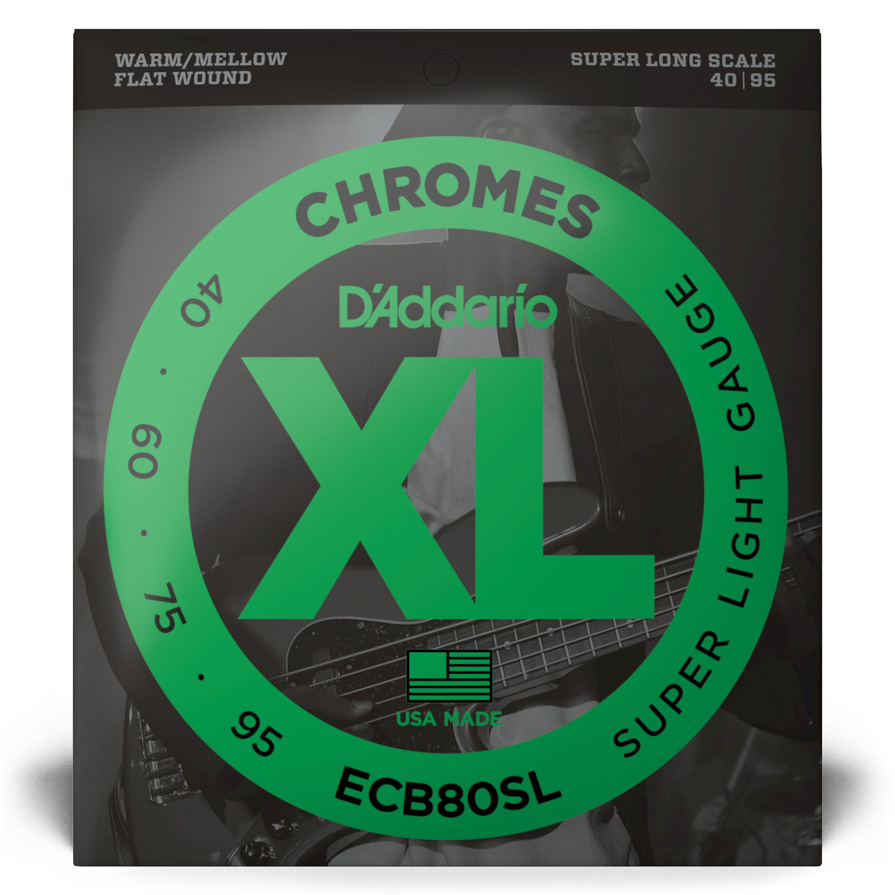 D'Addario Chromes 40-95 Stainless Steel Flatwound Bass Guitar Strings, Super Long Scale [ECB80SL]