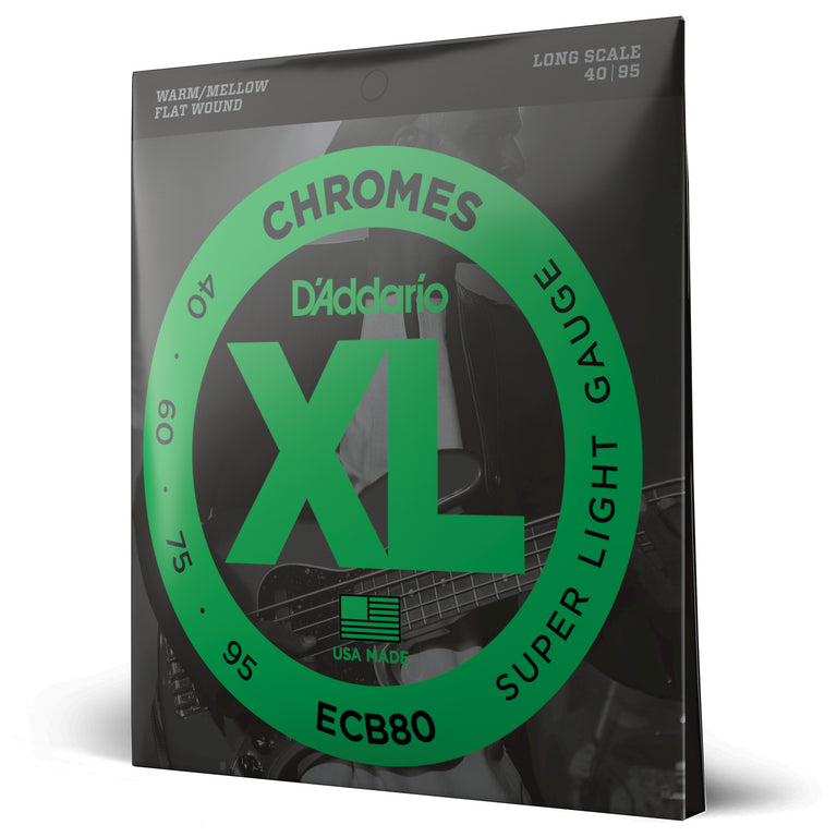 D'Addario Chromes 40-95 Stainless Steel Flatwound Bass Guitar Strings, Long Scale [ECB80]