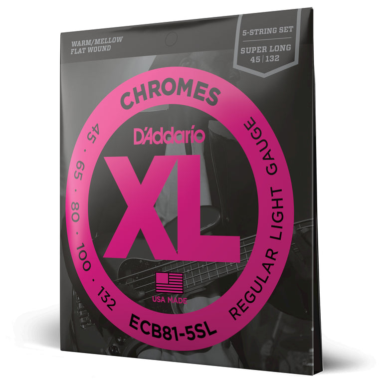 D'Addario Chromes 45-132 Stainless Steel Flatwound 5-String Bass Guitar Strings, Super Long Scale [ECB81-5SL]