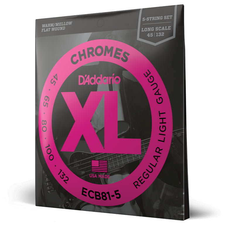 D'Addario Chromes 45-132 Stainless Steel Flatwound 5-String Bass Guitar Strings, Long Scale [ECB81-5]