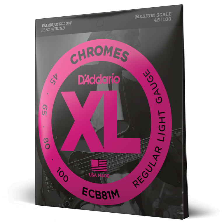 D'Addario Chromes 45-100 Stainless Steel Flatwound Bass Guitar Strings, Medium Scale [ECB81M]