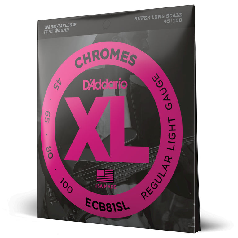 D'Addario Chromes 45-100 Stainless Steel Flatwound Bass Guitar Strings, Super Long Scale [ECB81SL]