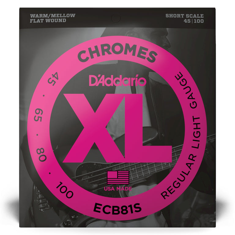 D'Addario Chromes 45-100 Stainless Steel Flatwound Bass Guitar Strings, Short Scale [ECB81S]