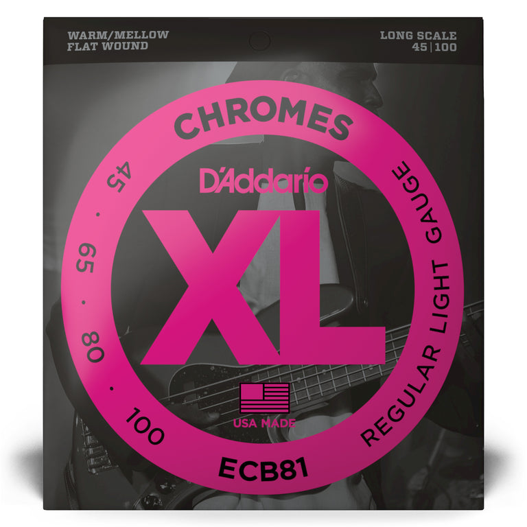 D'Addario Chromes 45-100 Stainless Steel Flatwound Bass Guitar Strings, Long Scale [ECB81]