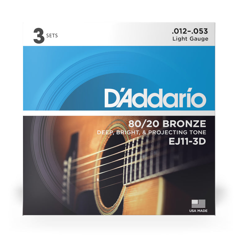 D'Addario EJ11 80/20 Bronze 12-53 Acoustic Guitar Strings, Light, 3-Pack
