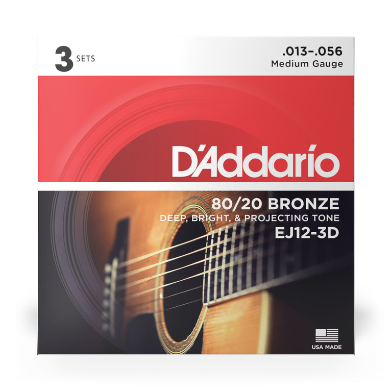 D'Addario EJ12 80/20 Bronze 13-56 Acoustic Guitar Strings, Medium, 3-Pack