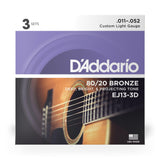 D'Addario EJ13 80/20 Bronze 11-52 Acoustic Guitar Strings, Custom Light, 3-Pack