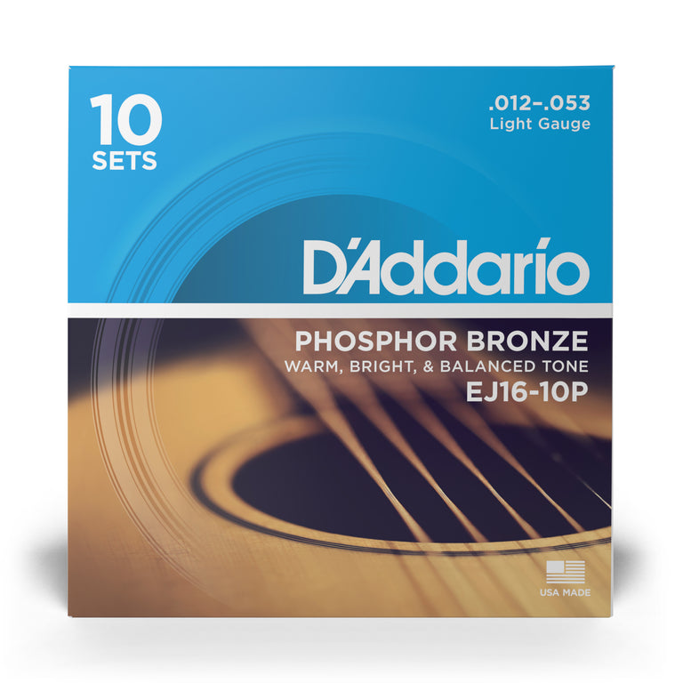 D'Addario EJ16 Phosphor Bronze 12-53 Acoustic Guitar Strings, Light, 10-Pack