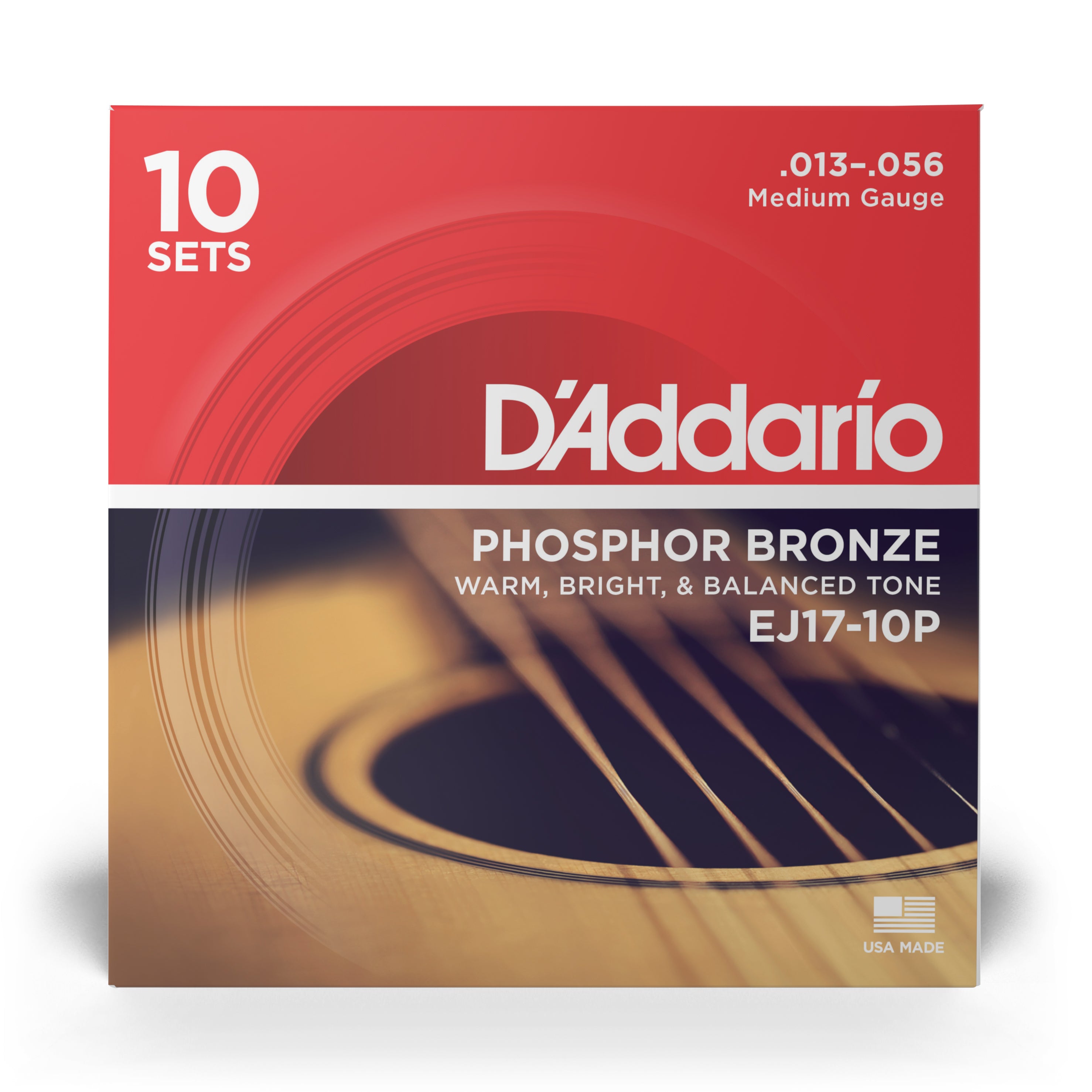 D'Addario EJ17 Phosphor Bronze 13-56 Acoustic Guitar Strings, Medium, 10-Pack