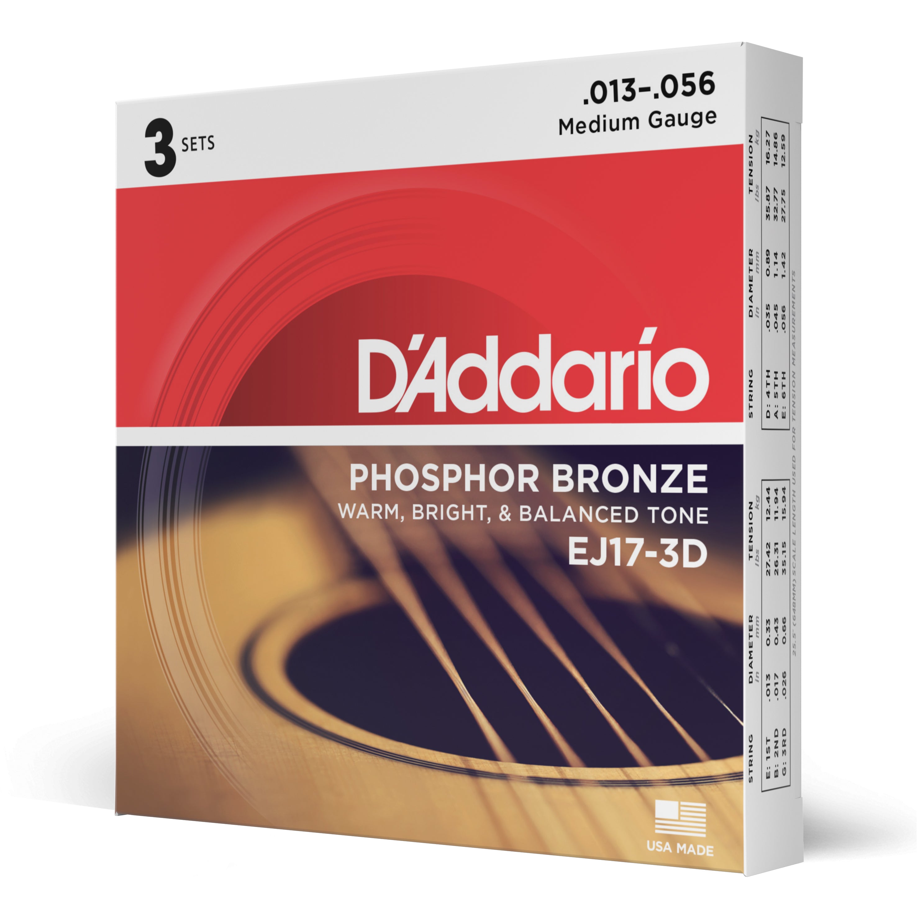 D'Addario EJ17 Phosphor Bronze 13-56 Acoustic Guitar Strings, Medium, 3-Pack