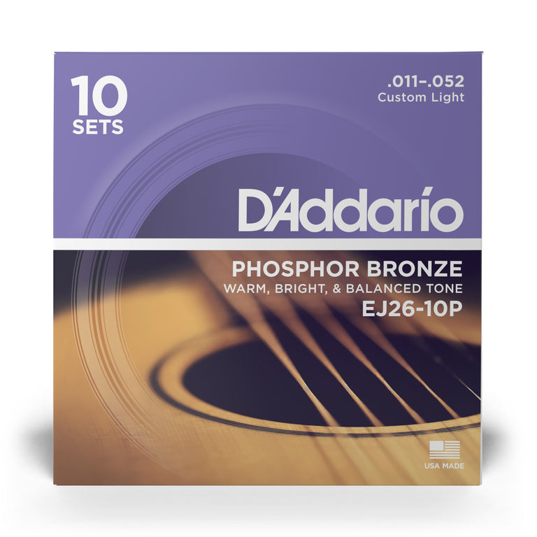 D'Addario EJ26 Phosphor Bronze 11-52 Acoustic Guitar Strings, Custom Light, 10-Pack
