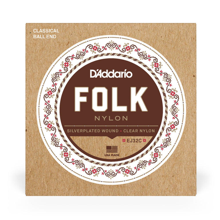 D'Addario EJ32C Folk Nylon Silver-plated Copper & Clear Nylon Acoustic Guitar Strings, Ball-End