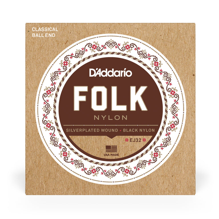 D'Addario EJ32 Folk Nylon Silver-plated & Black Nylon Acoustic Guitar Strings, Ball-End