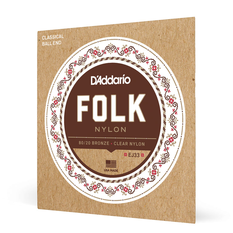 D'Addario EJ33 Folk Nylon 80/20 Bronze & Clear Nylon Acoustic Guitar Strings, Ball-End