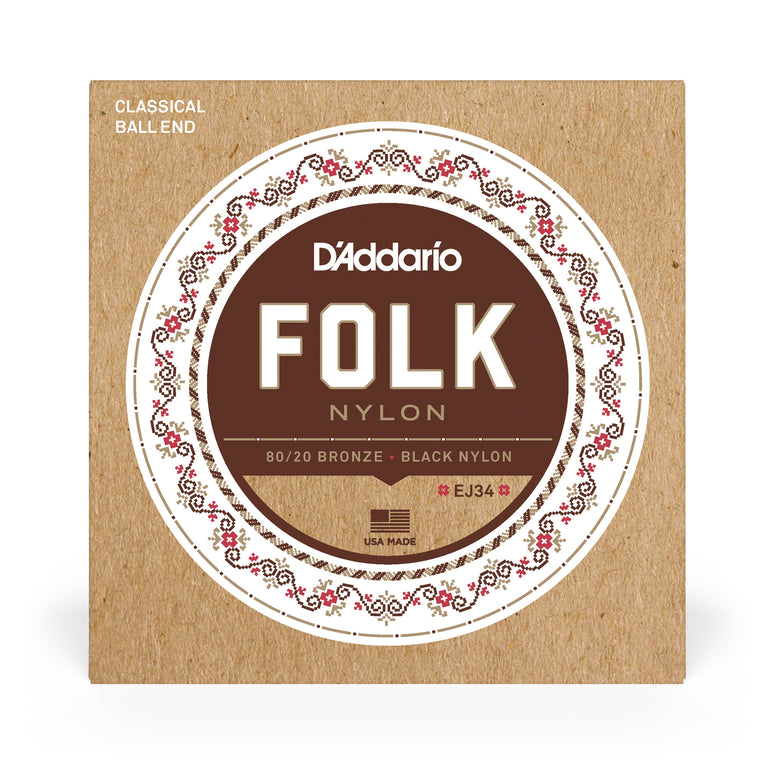 D'Addario EJ34 Folk Nylon 80/20 Bronze & Black Nylon Acoustic Guitar Strings, Ball-End