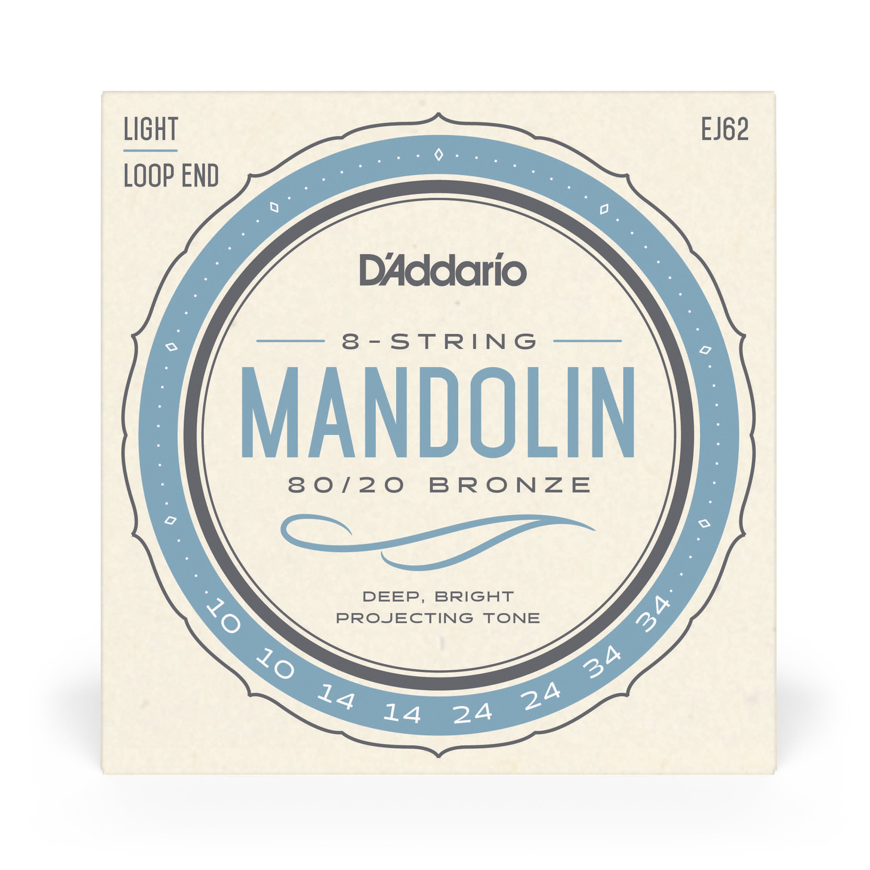 D'Addario EJ62 80/20 Bronze Mandolin Loopend 10-34 Light Strings