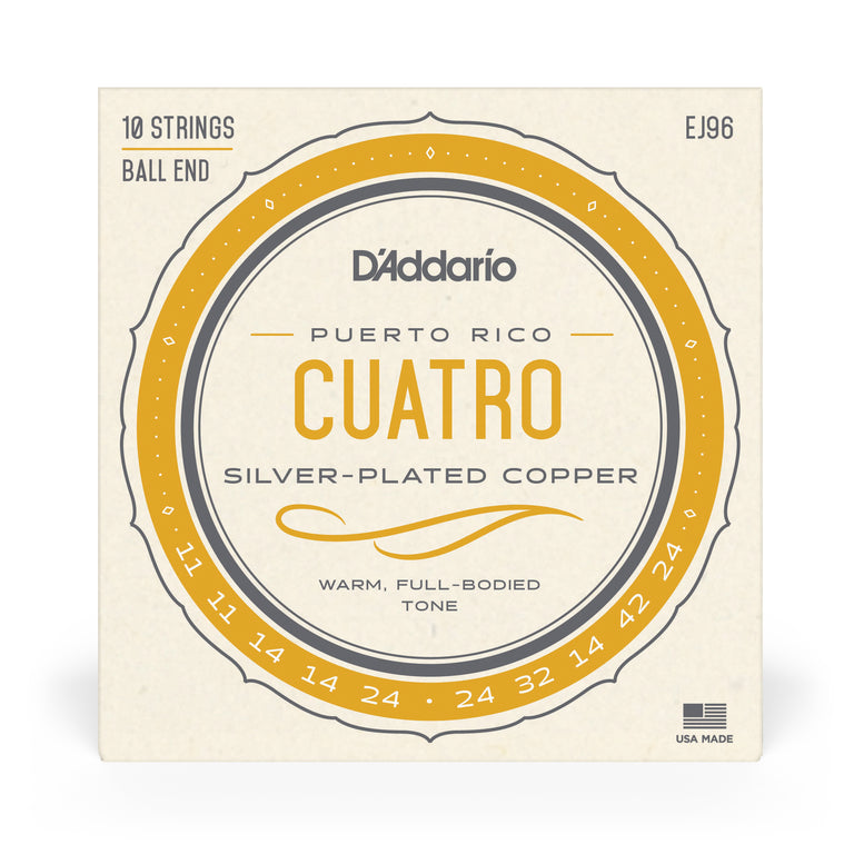 D'Addario EJ96 Silver-wound Copper 10-String Puerto Rican Cuatro Strings, Ball-End