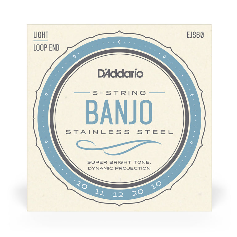 D'Addario EJS60 5-String Banjo, Stainless Steel Wound, Loop End, 10-20 Light