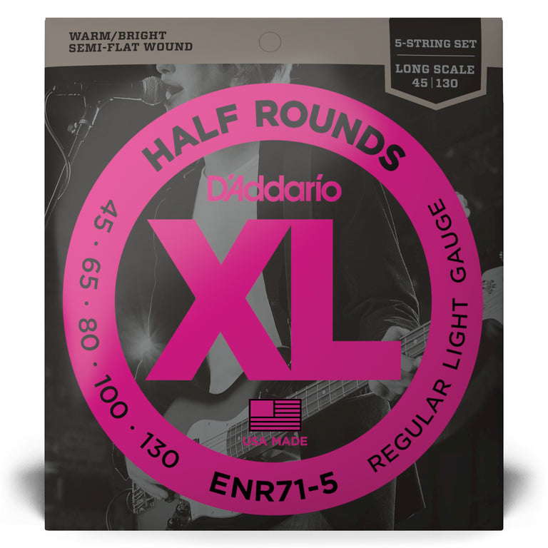 D'Addario Half Round Pure Nickel 45-130 5-String Bass Guitar Strings, Long Scale [ENR71-5]