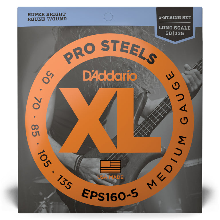 D'Addario Pro Steels Stainless Steel 50-135 5-String Bass Guitar Strings, Long Scale [EPS160-5]