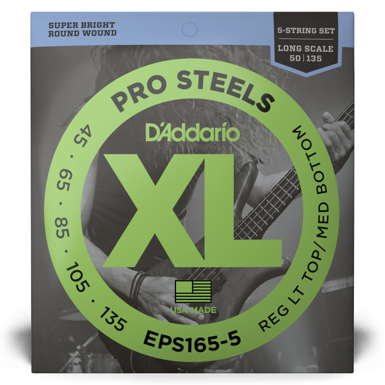 D'Addario Pro Steels Stainless Steel 45-135 5-String Bass Guitar Strings, Long Scale [EPS165-5]