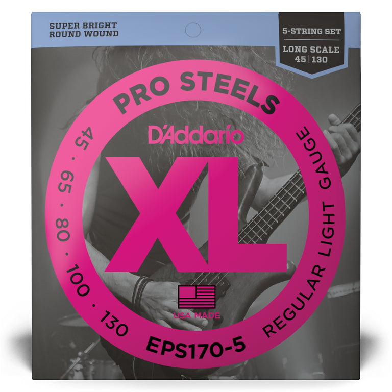 D'Addario Pro Steels Stainless Steel 45-130 5-String Bass Guitar Strings, Long Scale [EPS170-5]