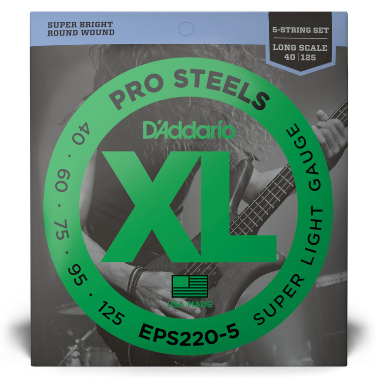 D'Addario Pro Steels Stainless Steel 40-125 5-String Bass Guitar Strings, Long Scale [EPS220-5]