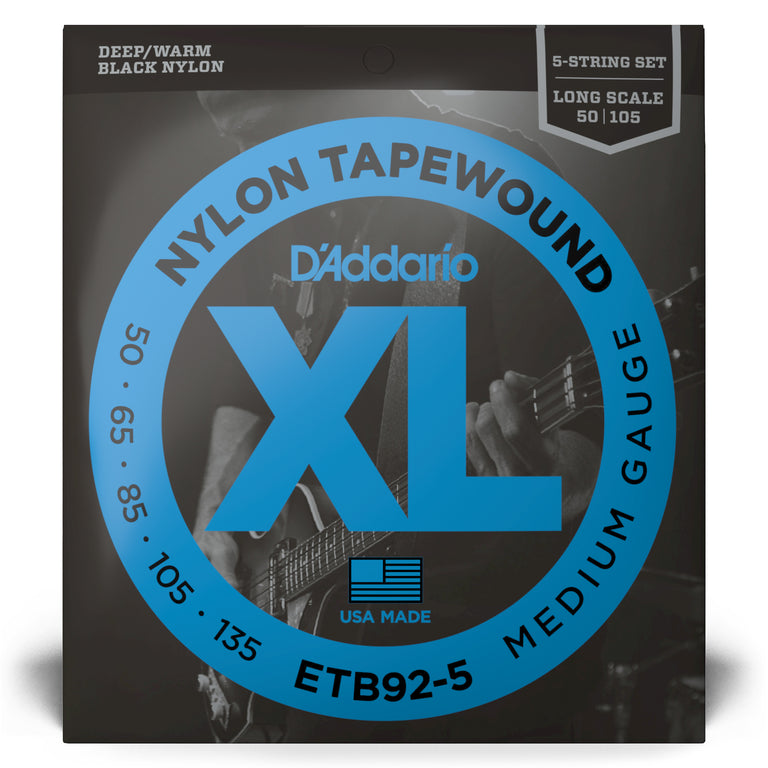 D'Addario Black Nylon Tapewound 50-135 5-String Bass Guitar Strings, Long Scale [ETB92-5]