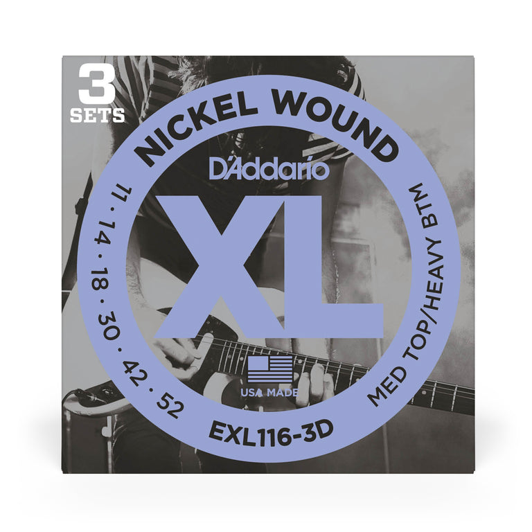 D'Addario EXL116-3D Nickel Wound 11-52 Electric Guitar Strings, Medium-Heavy, 3-Pack