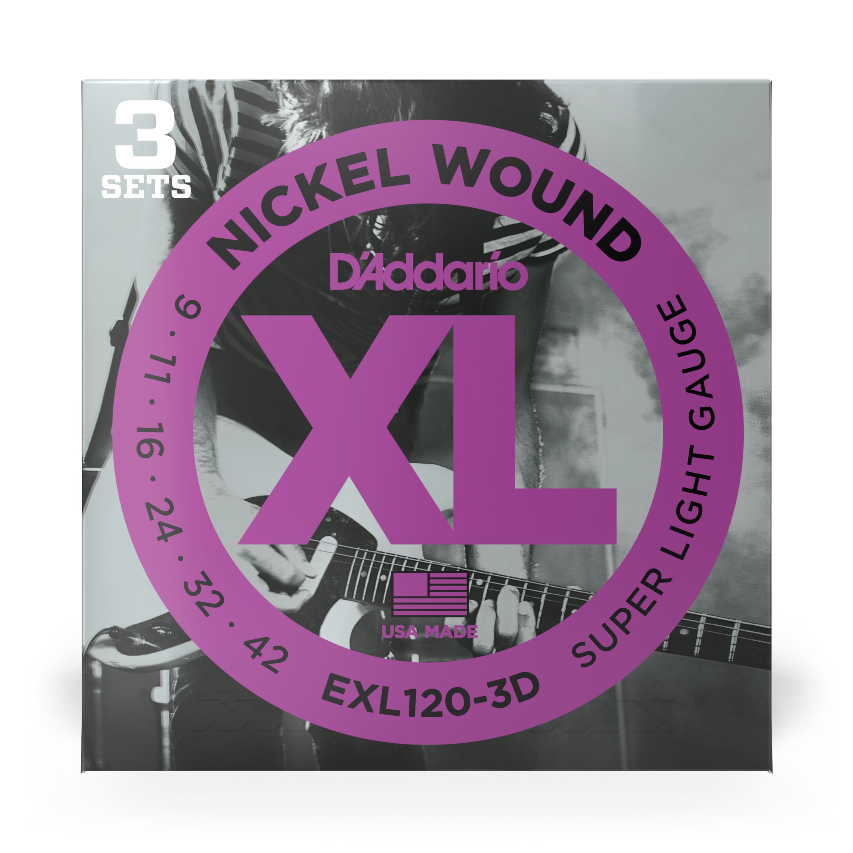 D'Addario EXL120-3D Nickel Wound 9-42 Electric Guitar Strings, Light, 3-Pack