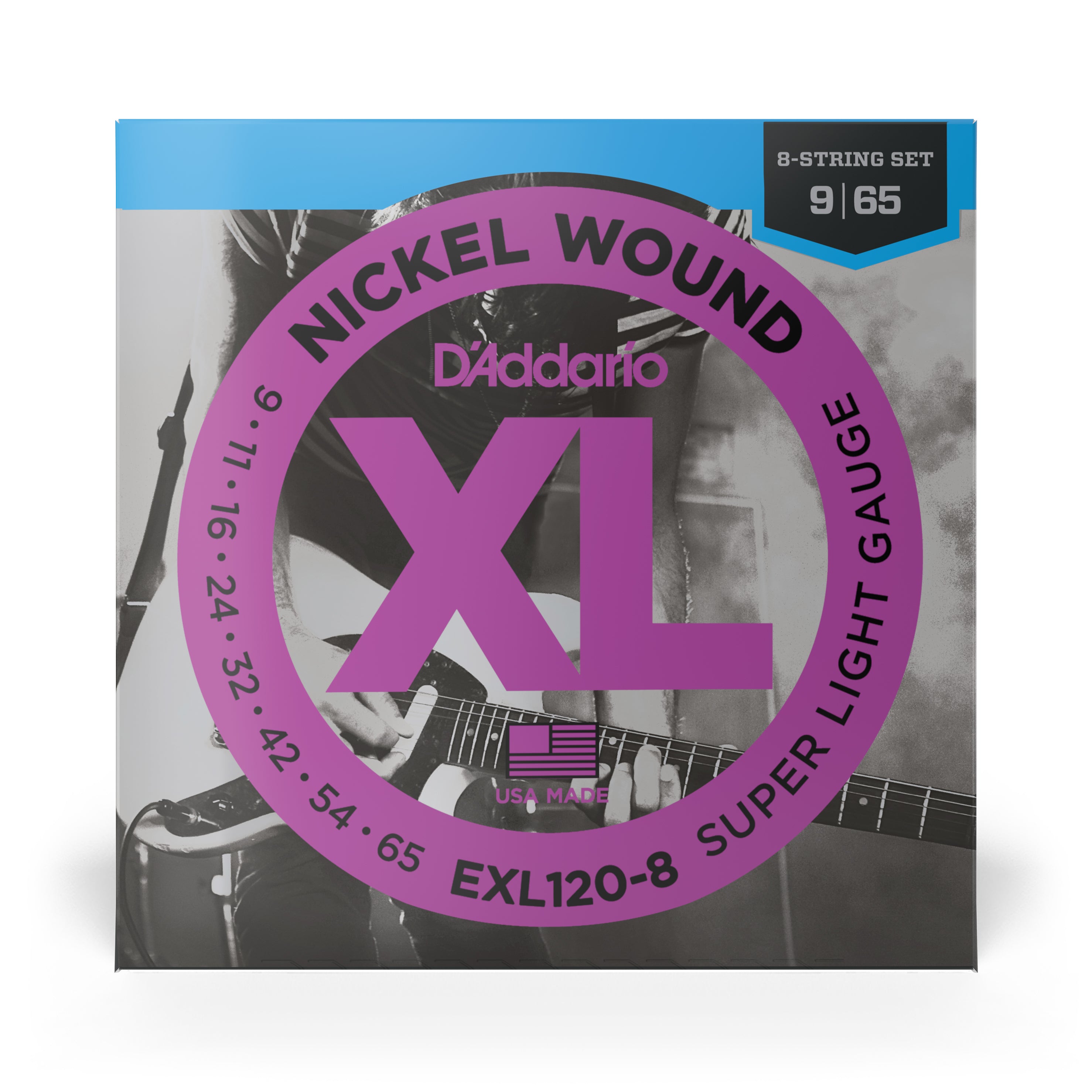 D'Addario Nickel Wound 9-65 8-String Electric Guitar Strings, Light