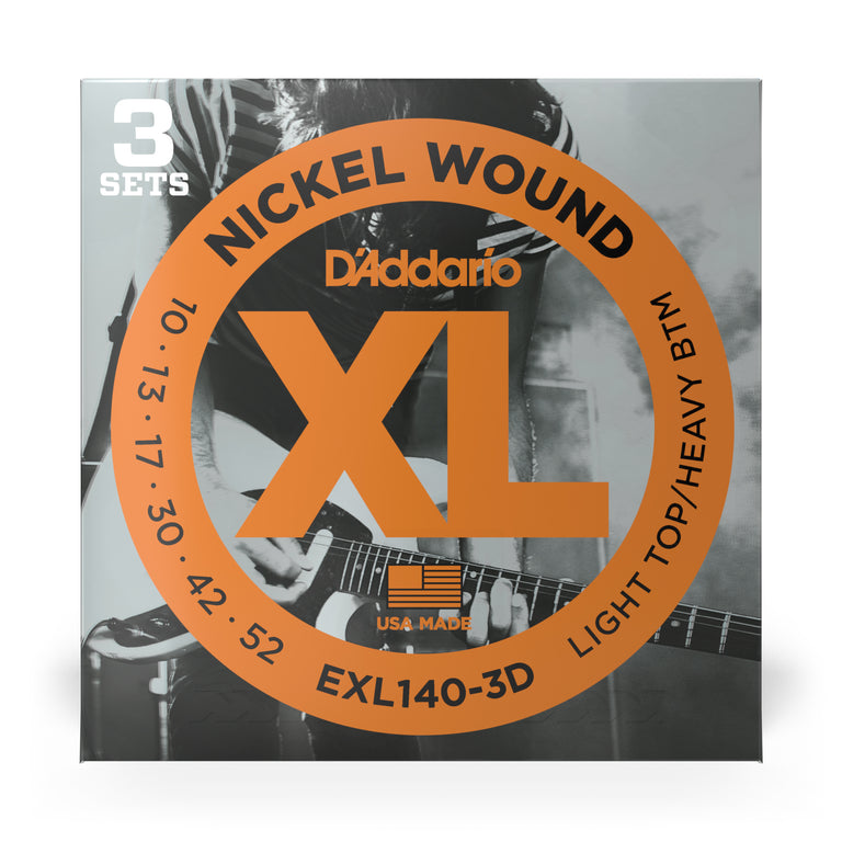 D'Addario EXL140-3D Nickel Wound 10-52 Electric Guitar Strings, Light Top Heavy Bottom, 3-Pack