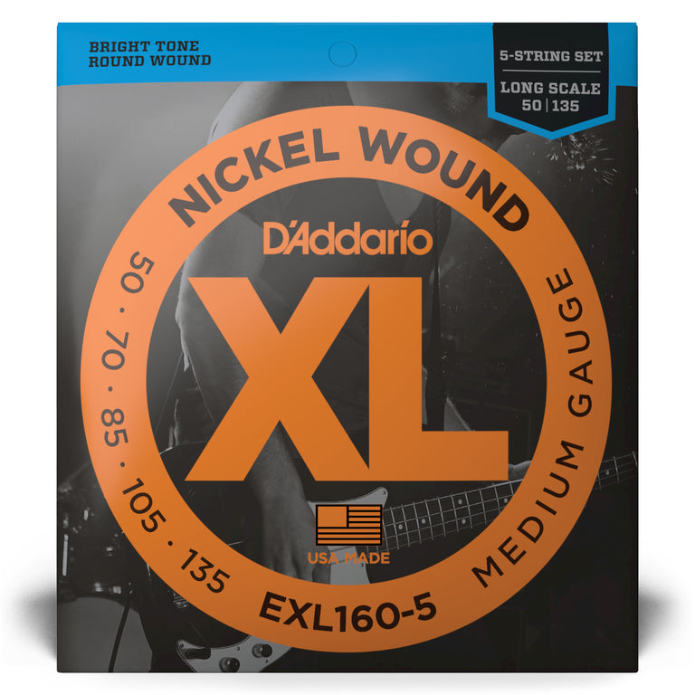 D'Addario XL-Series Nickel Wound 5-String 50-135 Bass Guitar Strings, Long Scale [EXL160-5]