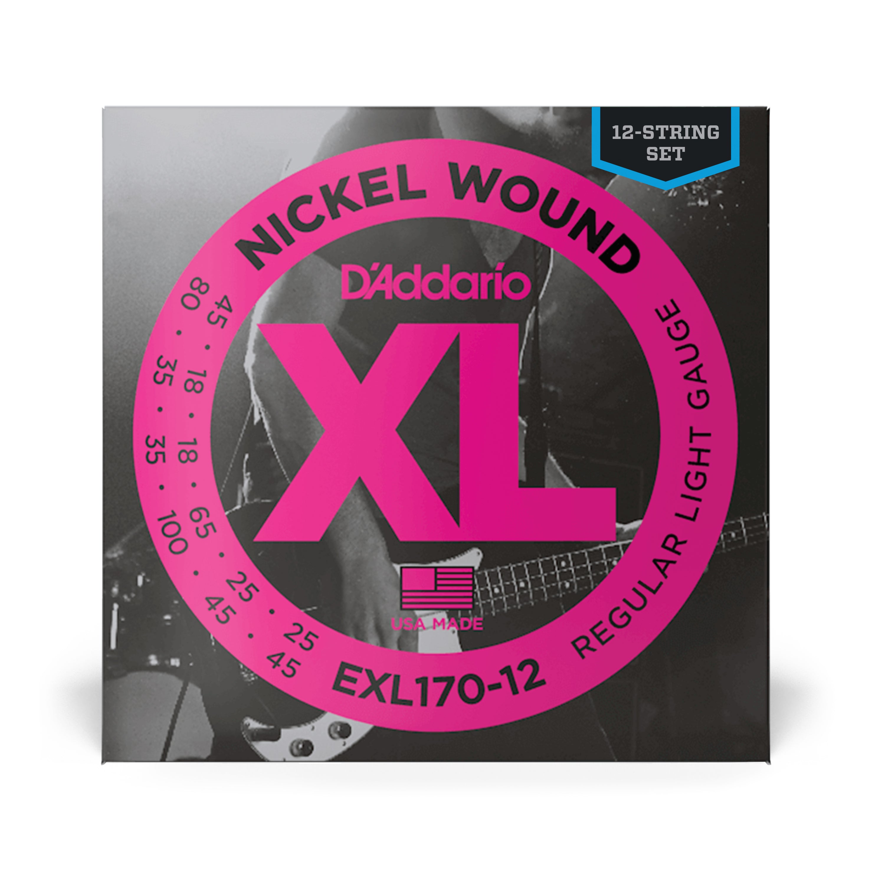 D'Addario EXL170-12 Nickel Wound 18-100 12-String Bass Guitar Strings, Long Scale